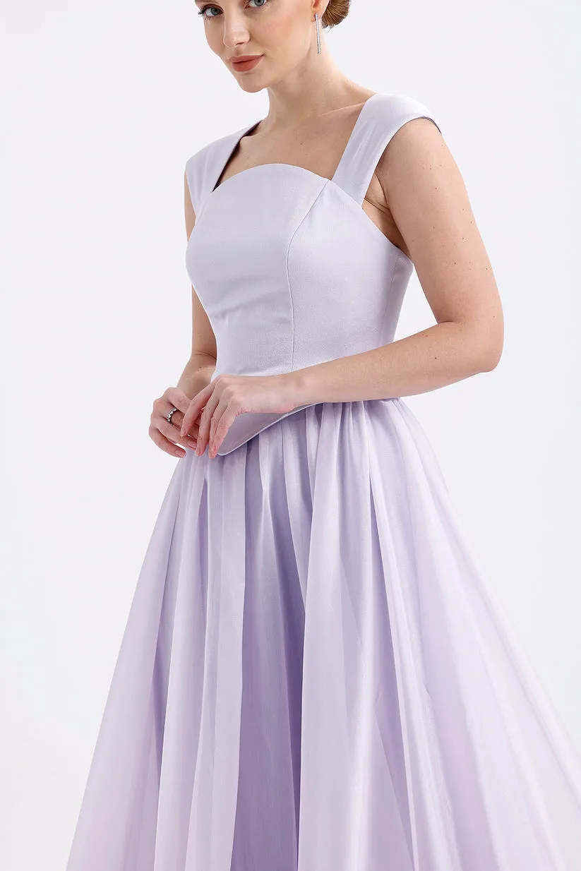𝐀𝐅𝐋𝐎𝐑𝐀 Strappy Crepe Body Organza Flared Skirt with Flower Appliques T56755
