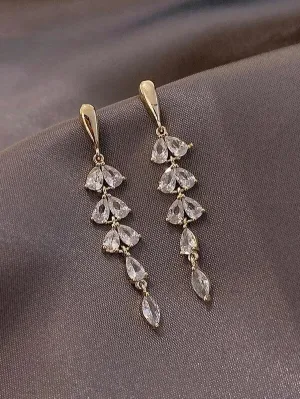 10K Gold Plated CZ Pear Сut Crystal Earrings, Wedding Bridal or Bridesmaid Glam Fashion Dangle Stud Earrings