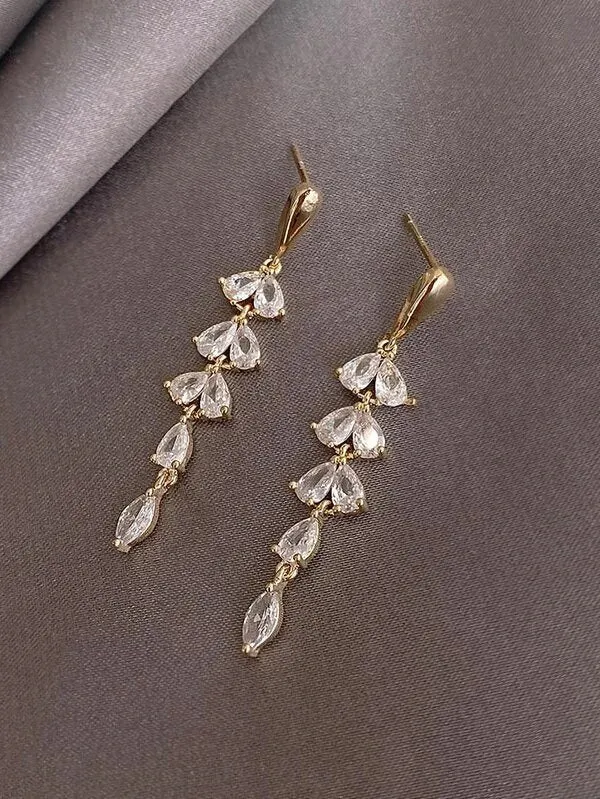 10K Gold Plated CZ Pear Сut Crystal Earrings, Wedding Bridal or Bridesmaid Glam Fashion Dangle Stud Earrings