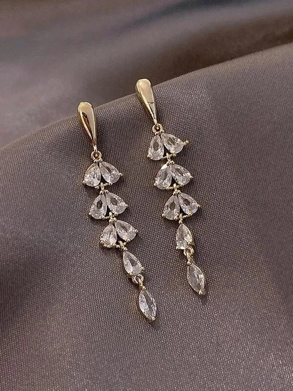 10K Gold Plated CZ Pear Сut Crystal Earrings, Wedding Bridal or Bridesmaid Glam Fashion Dangle Stud Earrings