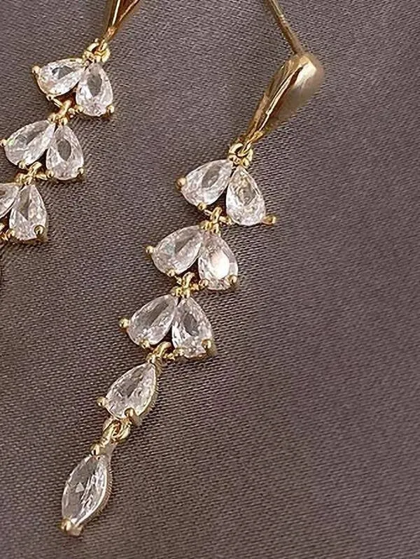 10K Gold Plated CZ Pear Сut Crystal Earrings, Wedding Bridal or Bridesmaid Glam Fashion Dangle Stud Earrings