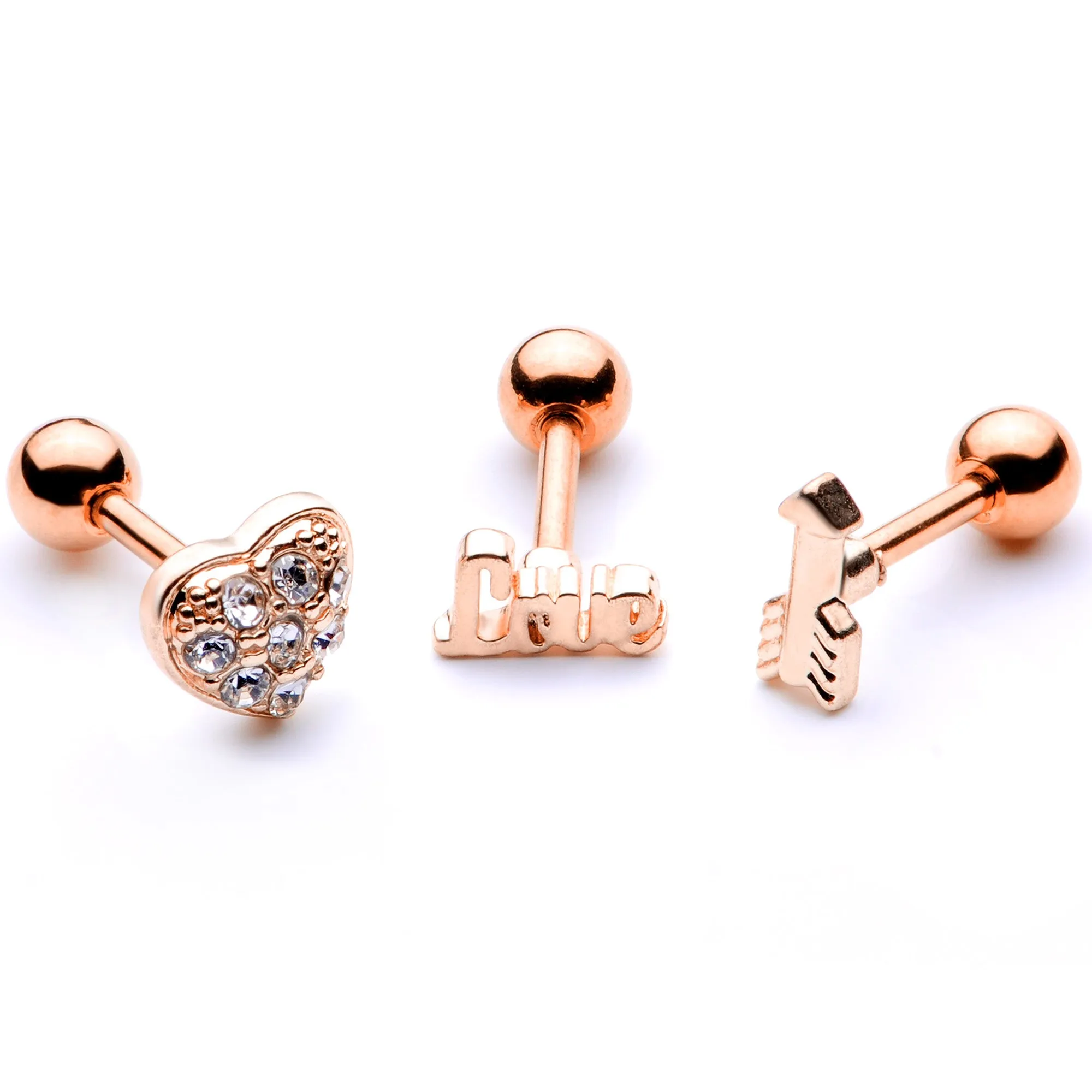 16 Gauge 1/4 Clear Gem Rose Gold Tone Plated Valentine Cartilage Set