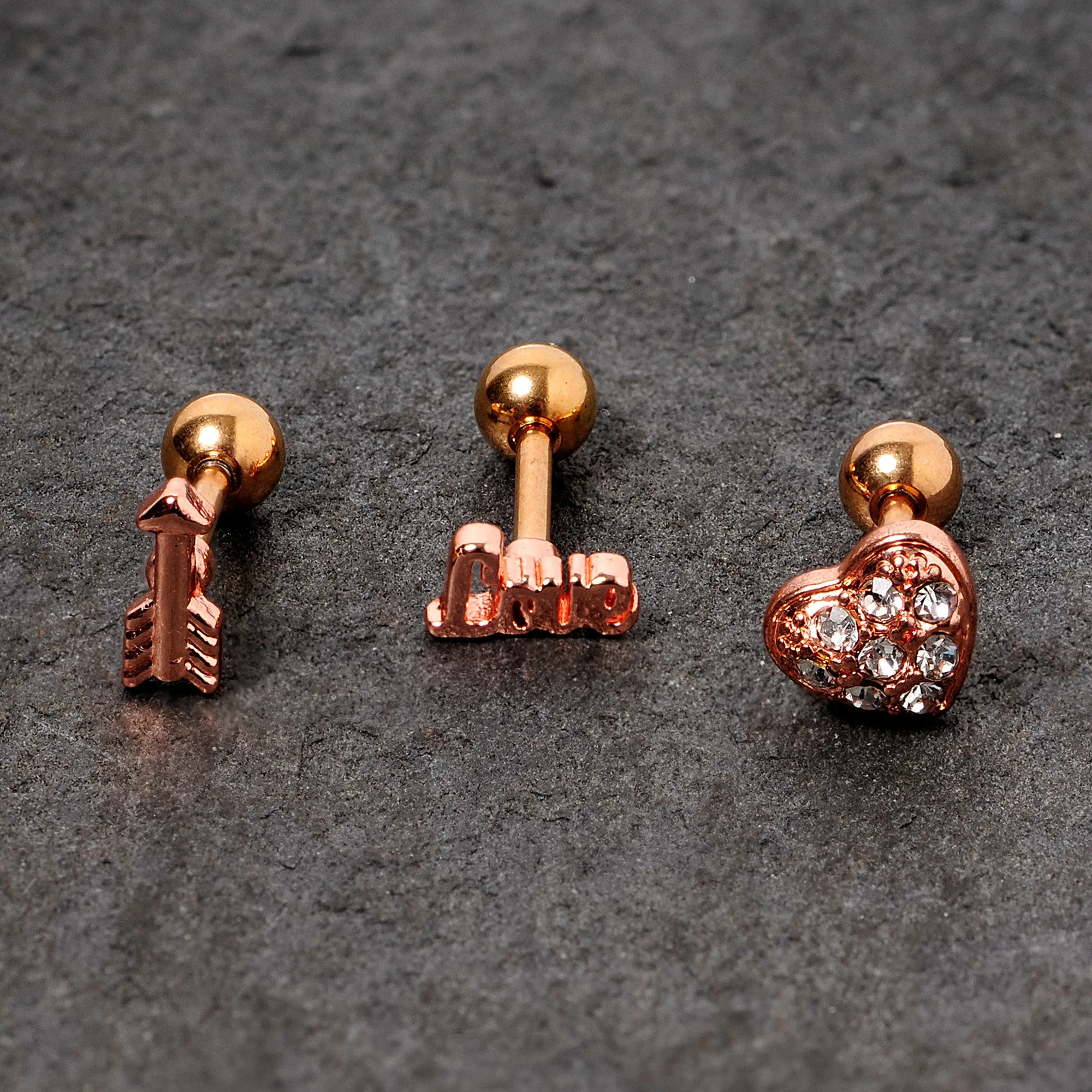 16 Gauge 1/4 Clear Gem Rose Gold Tone Plated Valentine Cartilage Set