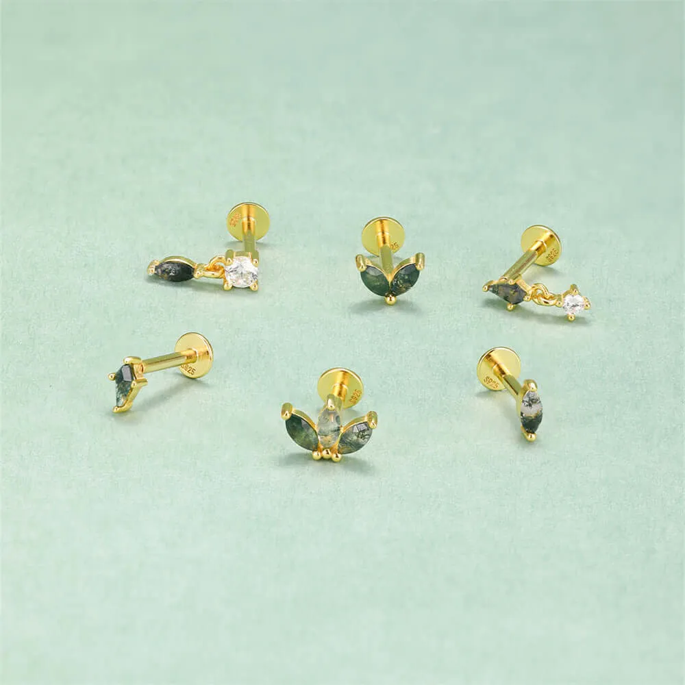 925 Silver Natural Single Oval Moss Agate Flat Back Earrings