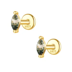 925 Silver Natural Single Oval Moss Agate Flat Back Earrings