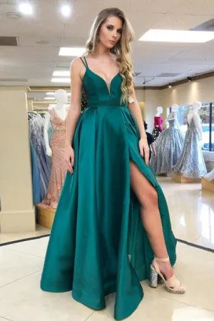A-Line Spaghetti Straps Floor-Length Green Satin Prom Dress with Split CAD63