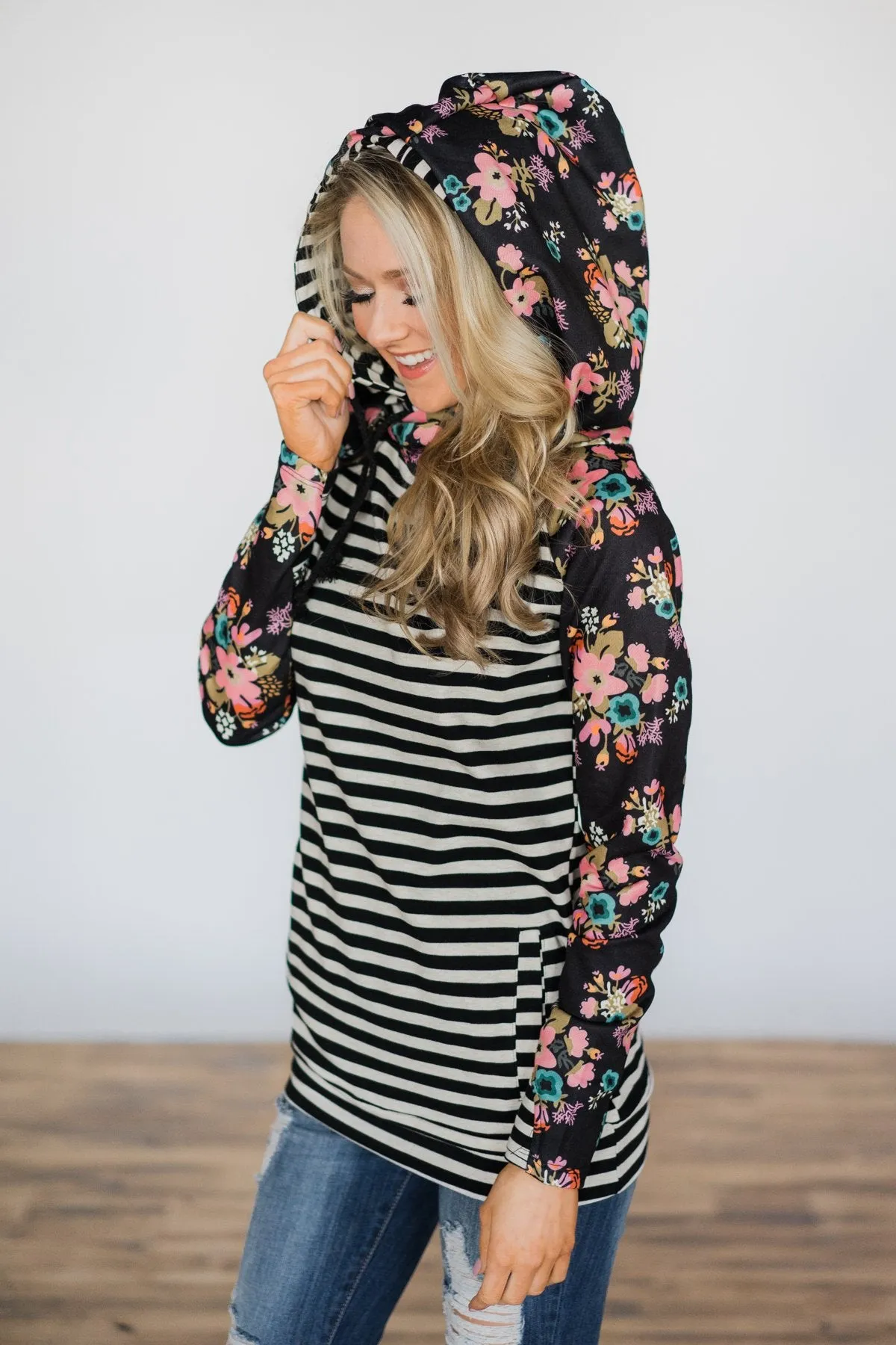 Ampersand Ave. Double Hooded Sweatshirt ~ Black Floral & Stripes