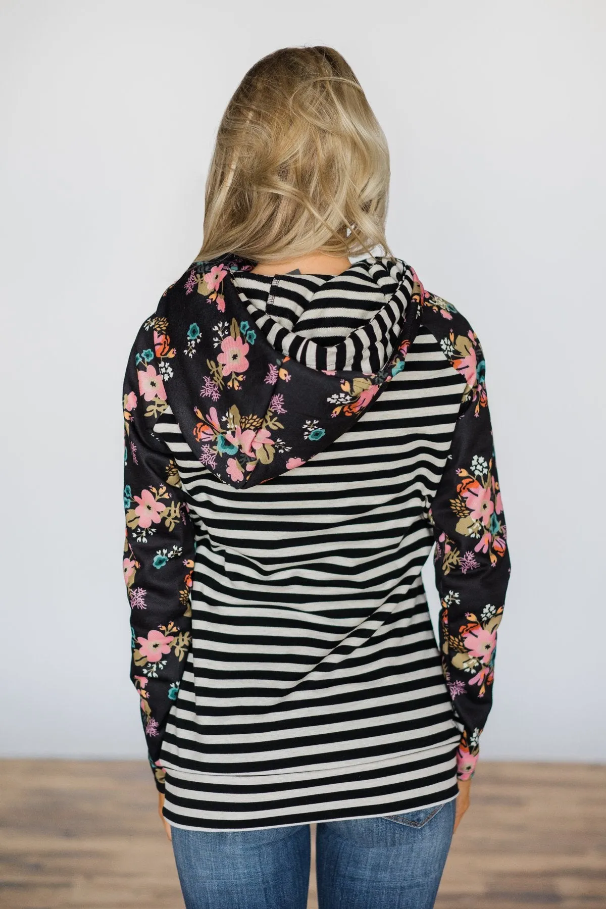 Ampersand Ave. Double Hooded Sweatshirt ~ Black Floral & Stripes