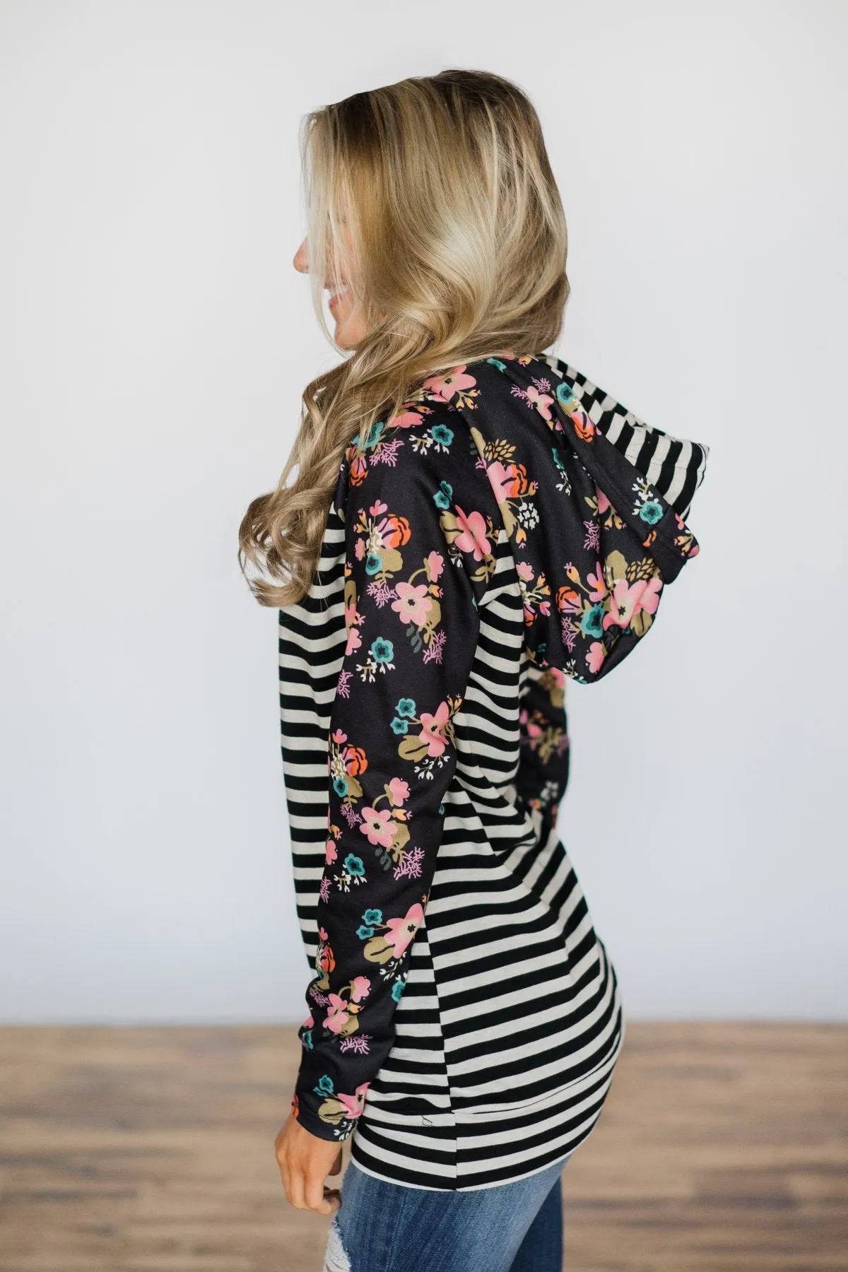 Ampersand Ave. Double Hooded Sweatshirt ~ Black Floral & Stripes