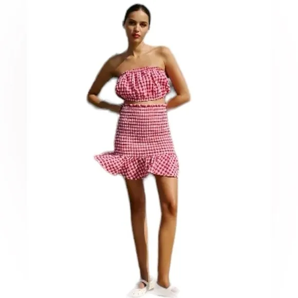 Anthropologie Mable Gingham Smocked Mini Skirt Set Size Extra Small