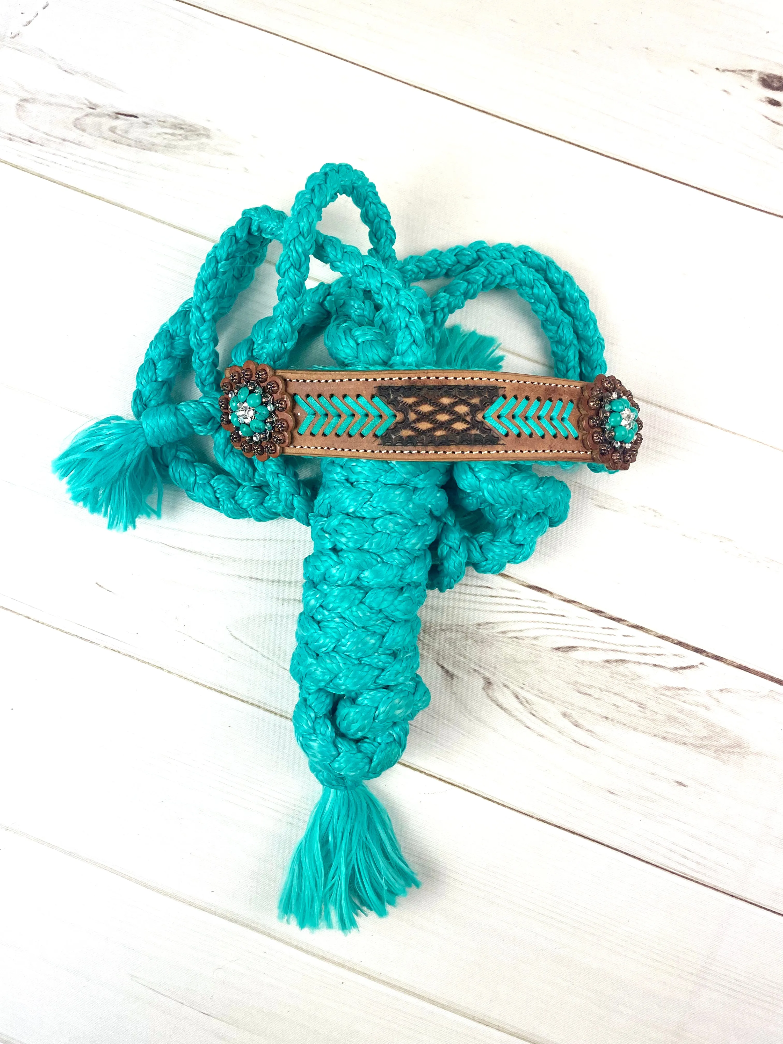 Arrow Stitch Leather Tooled Band Halter on Turquoise Nylon Muletape