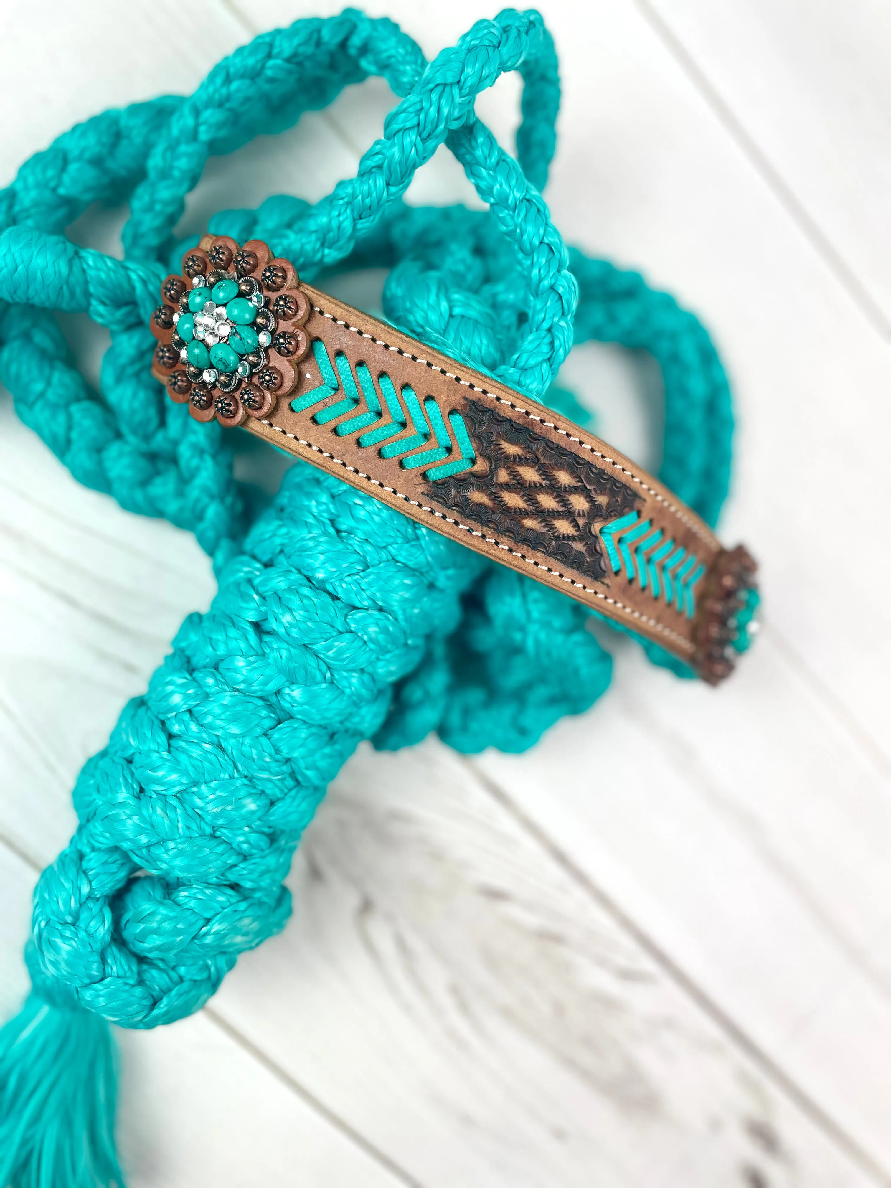 Arrow Stitch Leather Tooled Band Halter on Turquoise Nylon Muletape