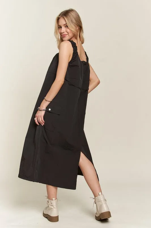 Black Drawstring Slit Back Cargo Dress