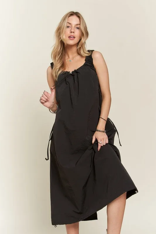 Black Drawstring Slit Back Cargo Dress
