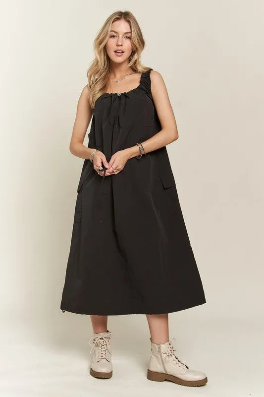 Black Drawstring Slit Back Cargo Dress
