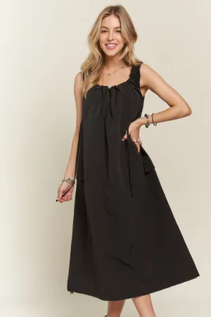 Black Drawstring Slit Back Cargo Dress