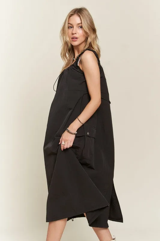 Black Drawstring Slit Back Cargo Dress