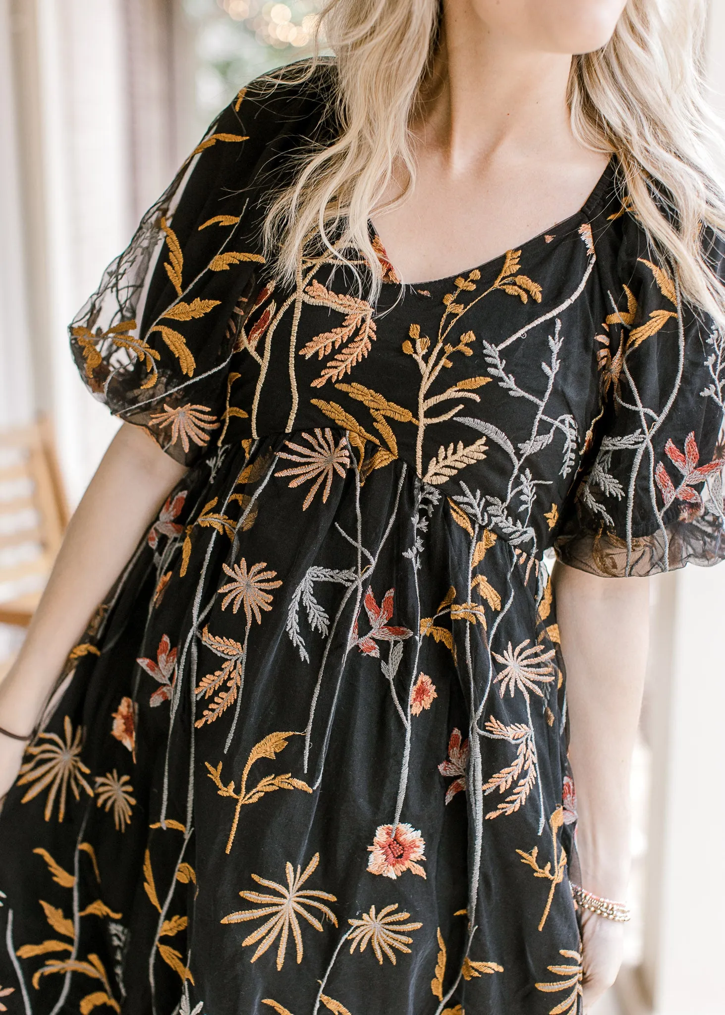 Black Embroidered Floral Dress