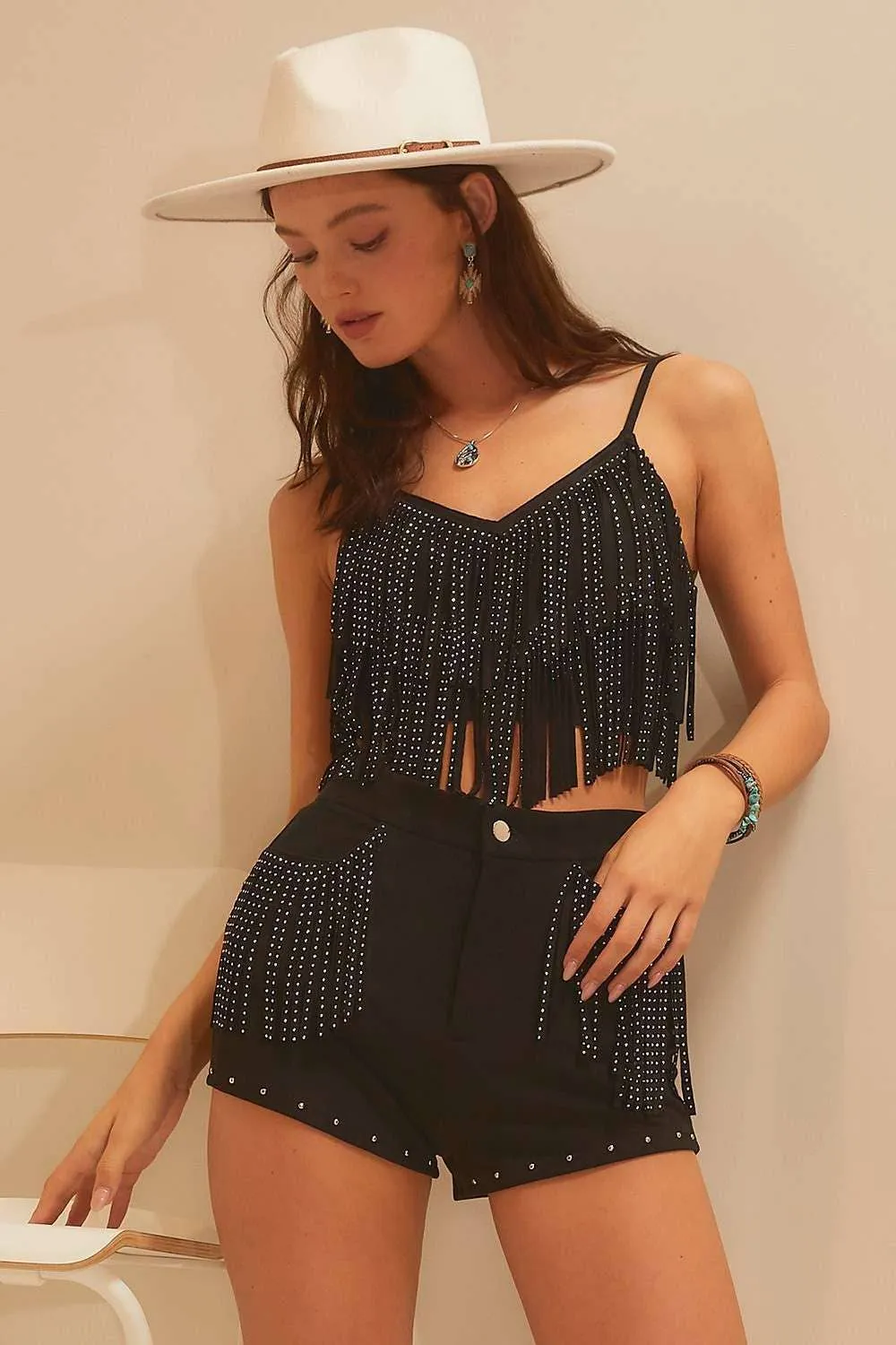 Black Stud Fringe Suede Shorts