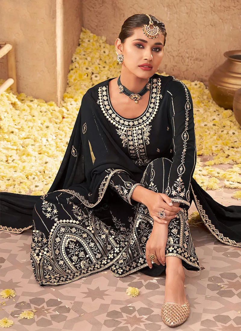 Black Zari Embroidered Festive Palazzo Style Suit