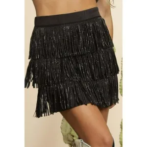 Blue Buttercup Black Faux Suede Jeweled Diamond Mini Skirt Fringe S-L IS84009