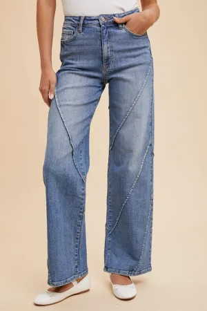 Blue Decorative Seams Wide Leg Jeans