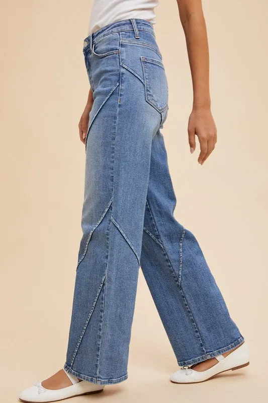 Blue Decorative Seams Wide Leg Jeans