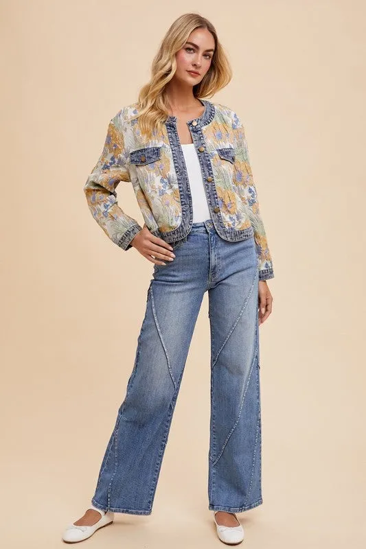 Blue Decorative Seams Wide Leg Jeans