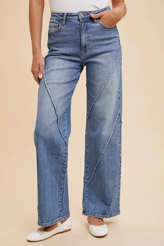 Blue Decorative Seams Wide Leg Jeans