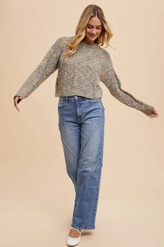 Blue Decorative Seams Wide Leg Jeans