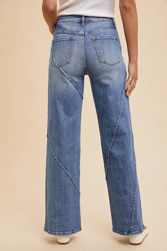 Blue Decorative Seams Wide Leg Jeans
