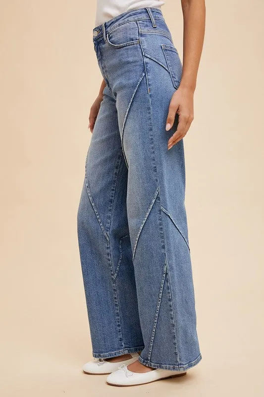 Blue Decorative Seams Wide Leg Jeans