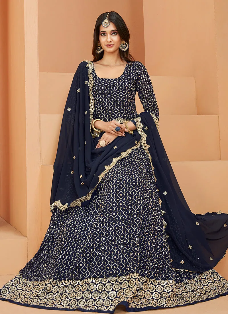 Blue Mirror Work Embroidery Wedding Anarkali Suit