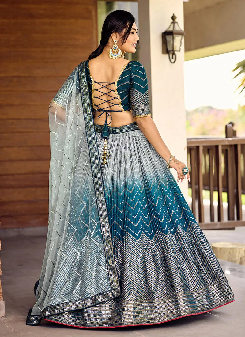 Blue Ombré Sequence And Thread Embroidery Wedding Lehenga