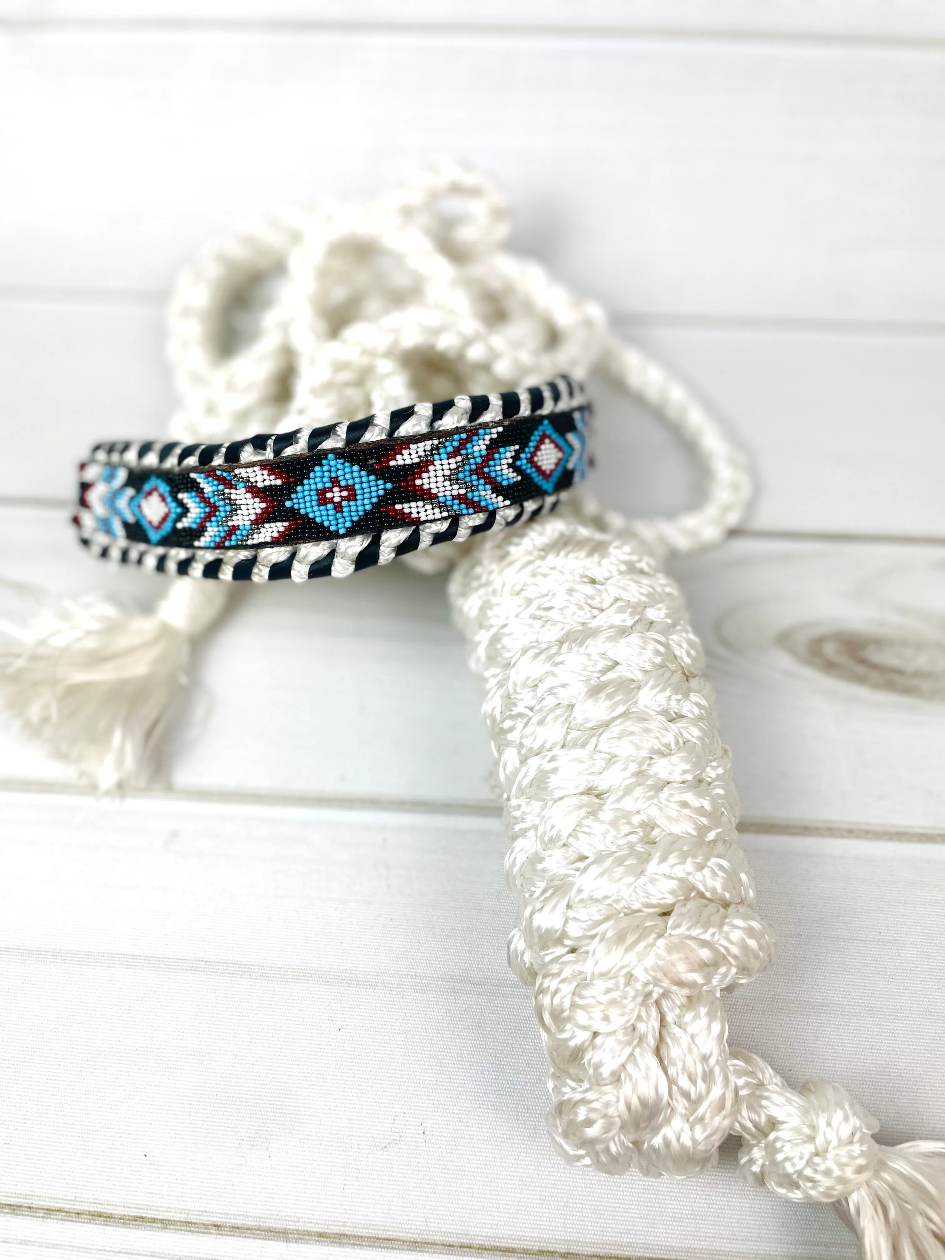 Blue, Rust, Black Beaded White Nylon Muletape Halter
