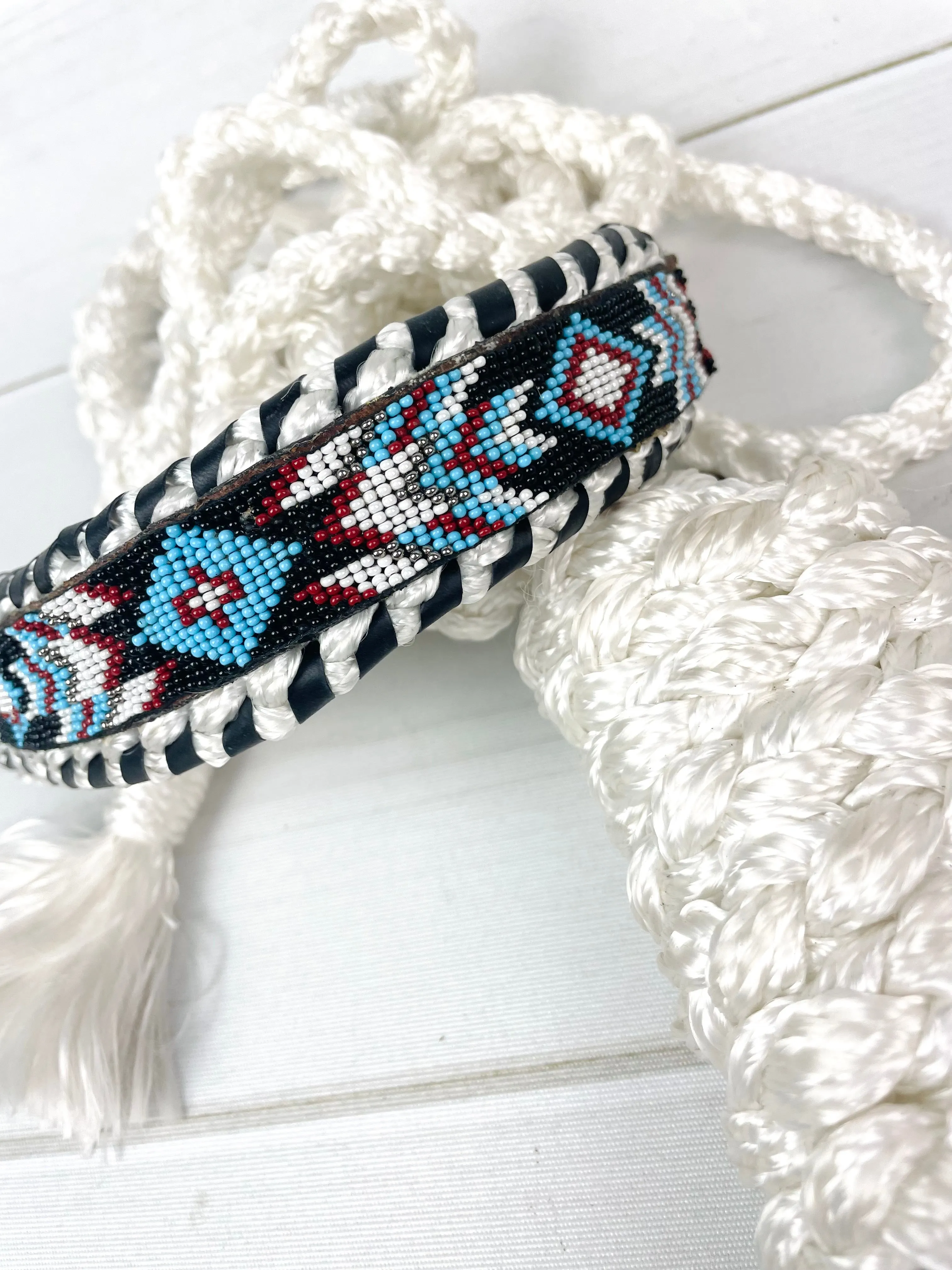 Blue, Rust, Black Beaded White Nylon Muletape Halter
