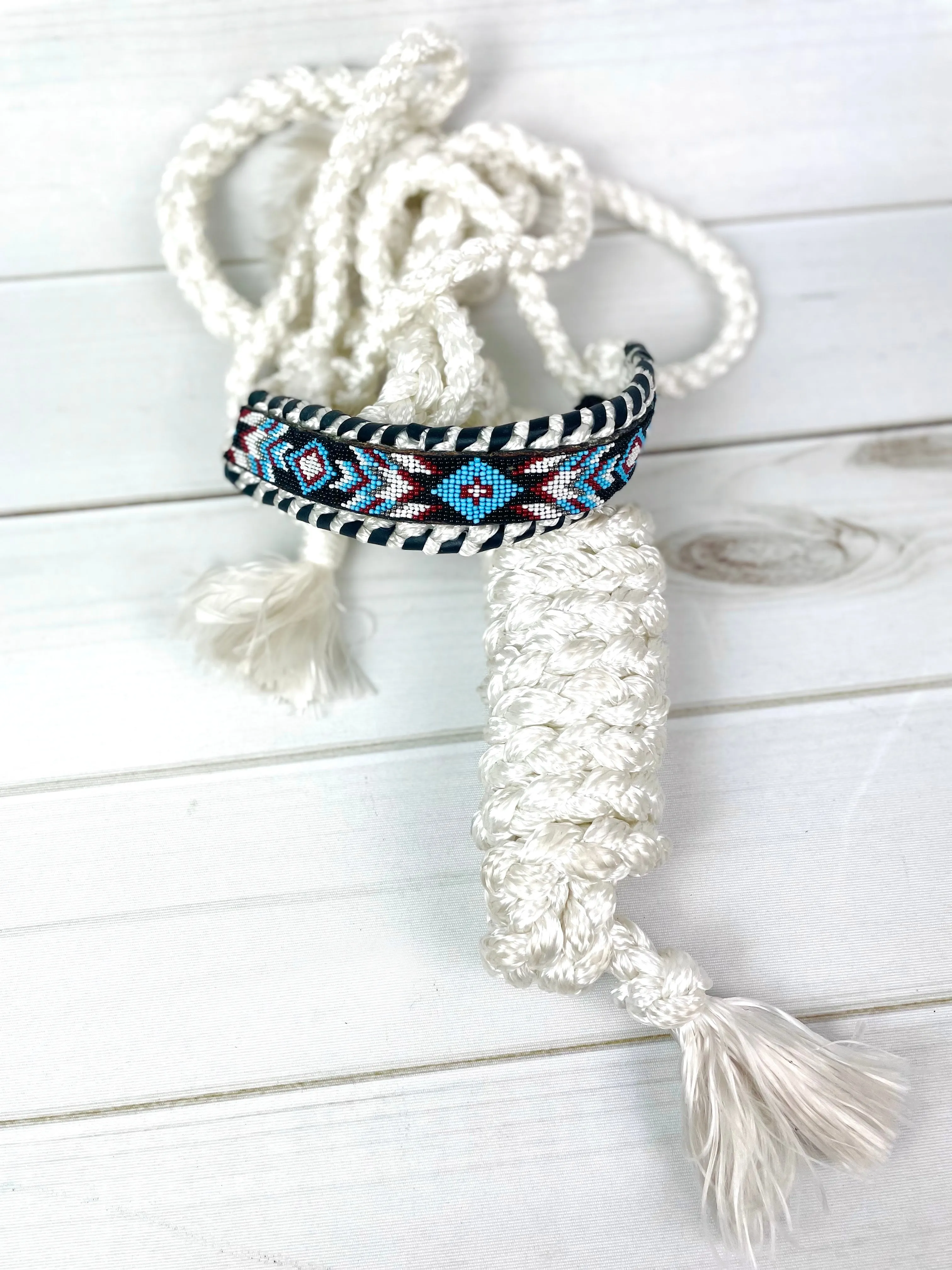 Blue, Rust, Black Beaded White Nylon Muletape Halter