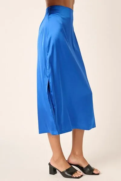 Blue Side Slit Satin Midi Skirt