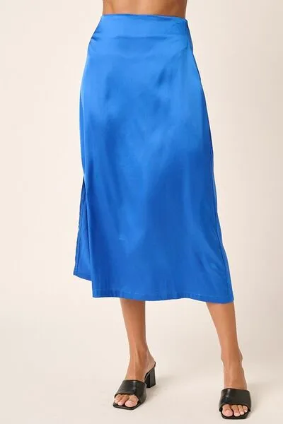 Blue Side Slit Satin Midi Skirt