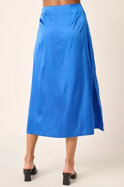 Blue Side Slit Satin Midi Skirt