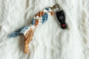 Boho Macramé Keychain in Denim, Camel & Ivory