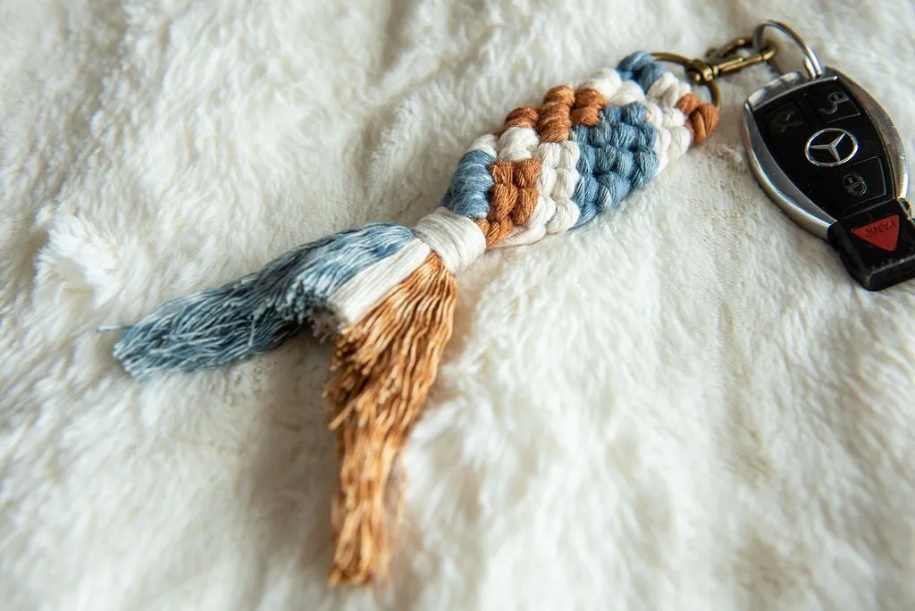 Boho Macramé Keychain in Denim, Camel & Ivory