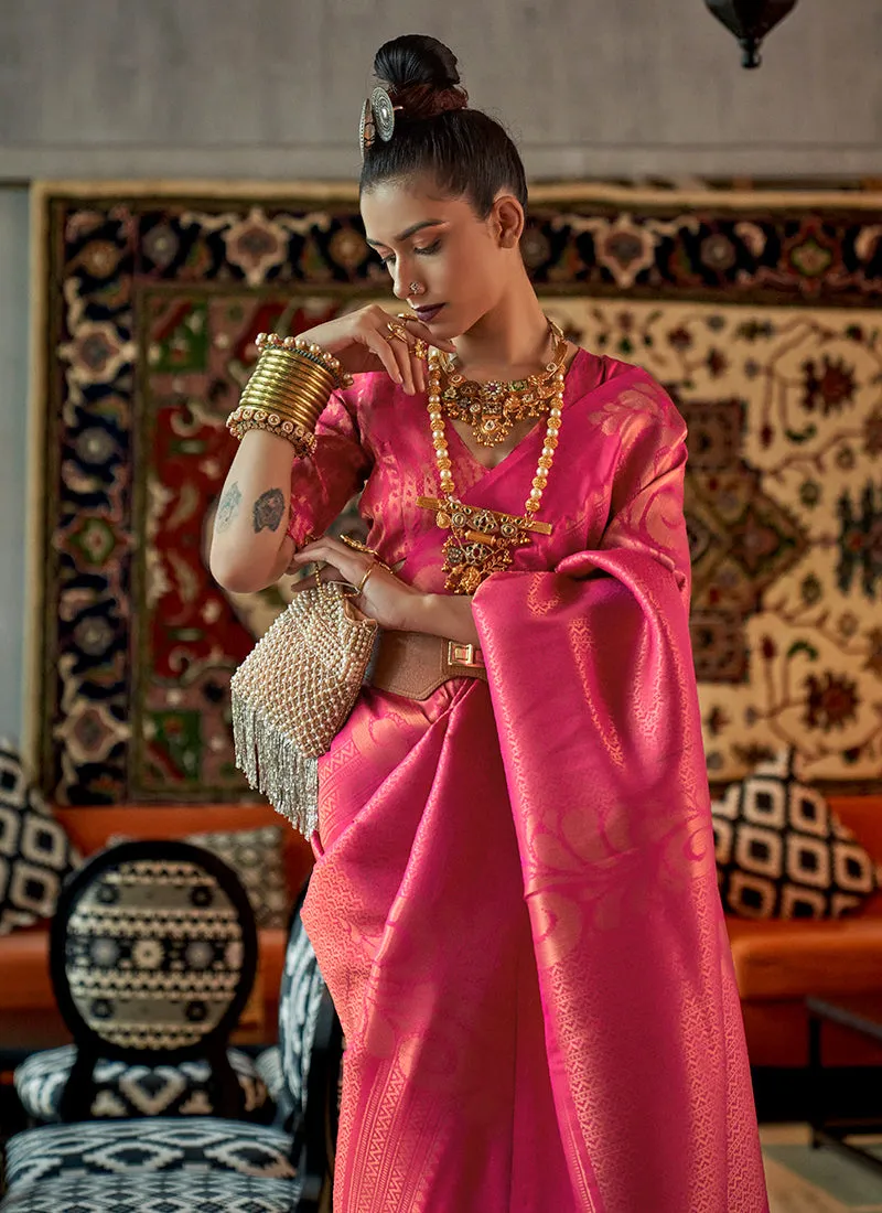 Bridal Pink Zari Weaved Jacquard Silk Saree