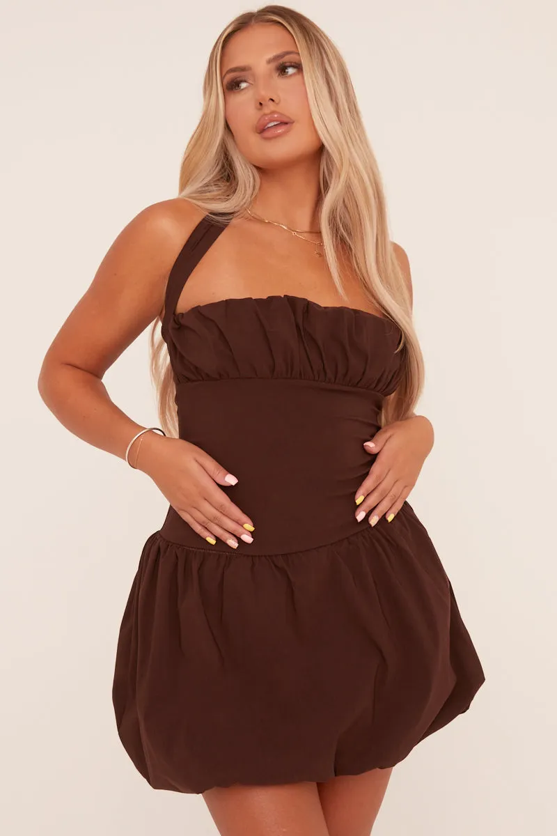 Brown Ruched Halter Neck Puffball Mini Dress - Anessa