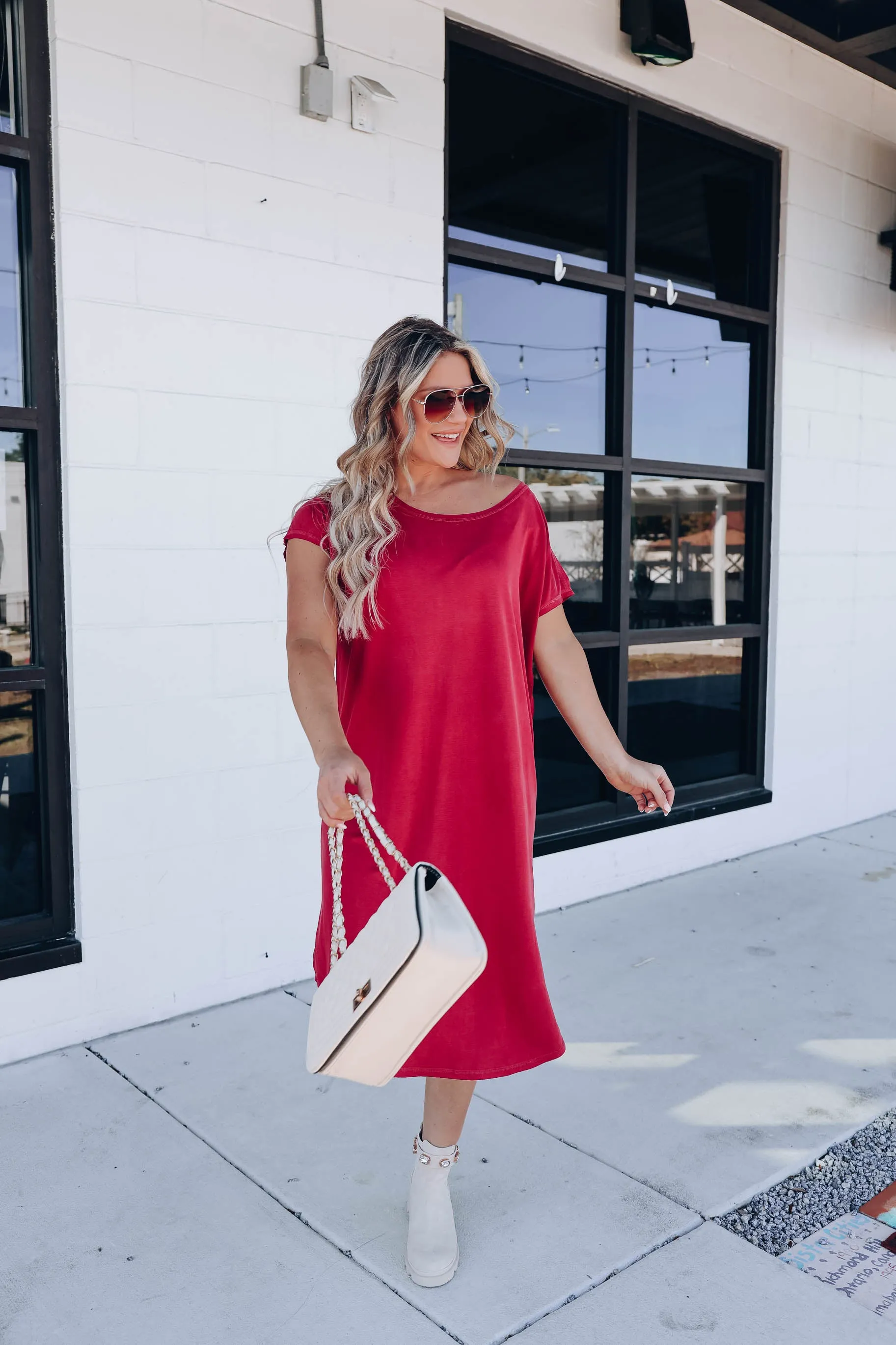 Burgundy Basic Midi T-Shirt Dress