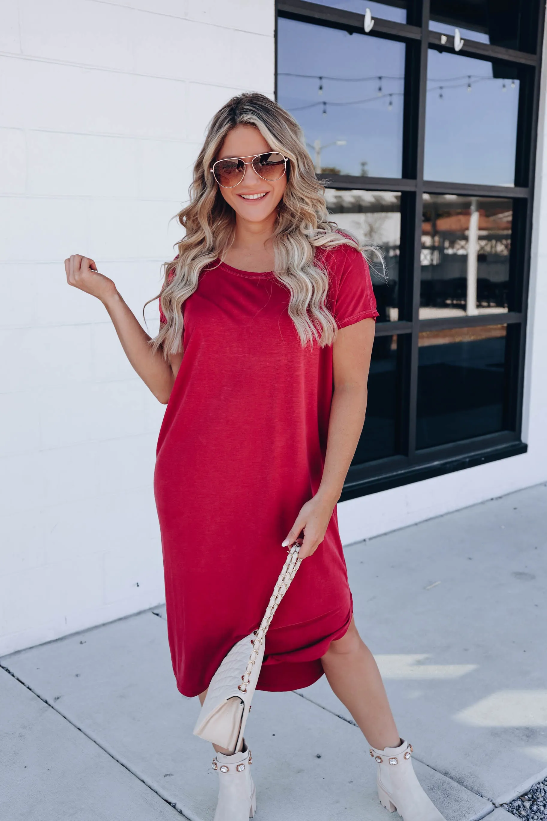 Burgundy Basic Midi T-Shirt Dress