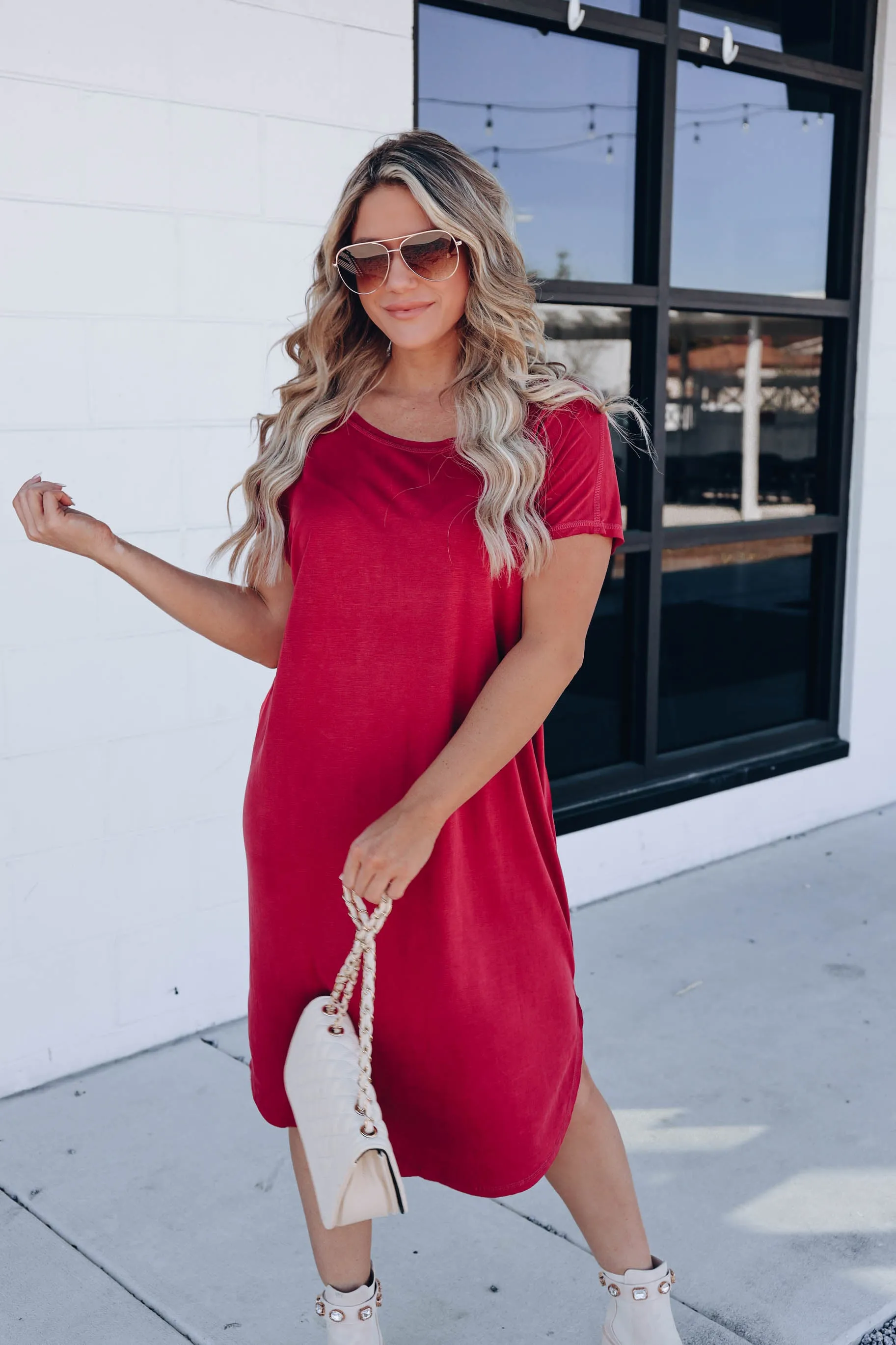 Burgundy Basic Midi T-Shirt Dress