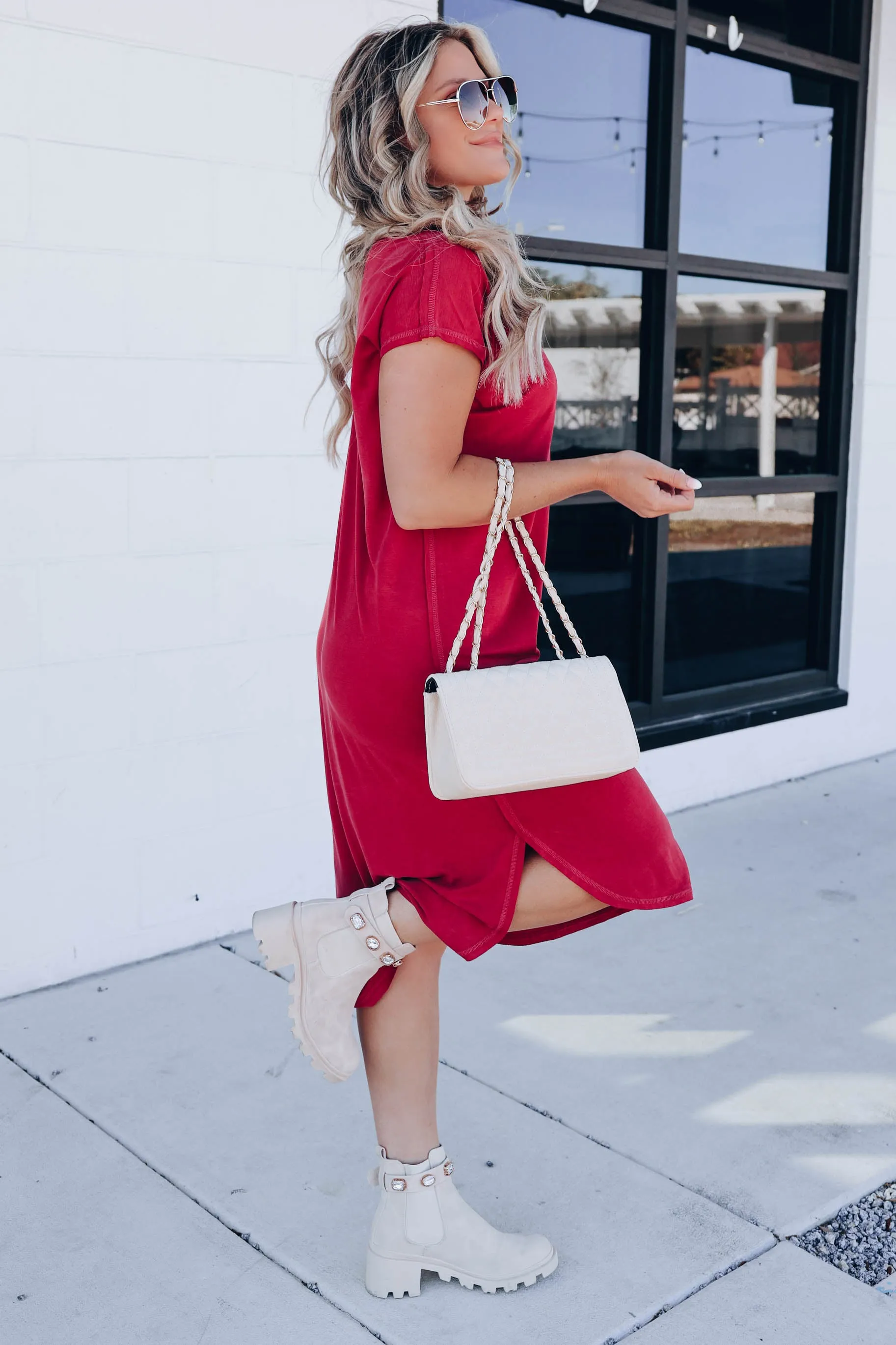 Burgundy Basic Midi T-Shirt Dress