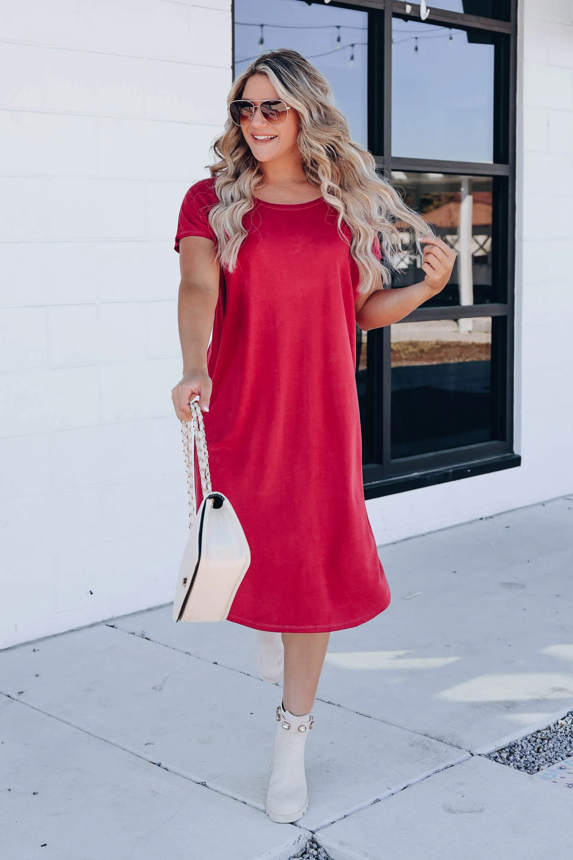 Burgundy Basic Midi T-Shirt Dress