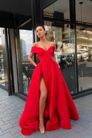 Chic A-line Off-the-Shoulder Floor Length Sleeveless Slit Prom Dresses Evening Dresses OHC274